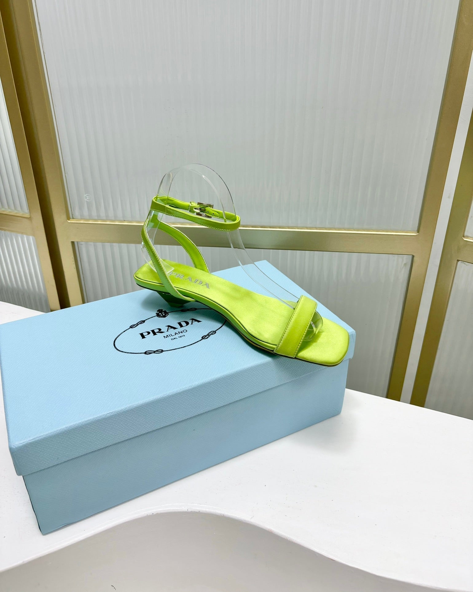 PRADA TRIANGLE HEEL SATIN SANLS CHARTREUSE