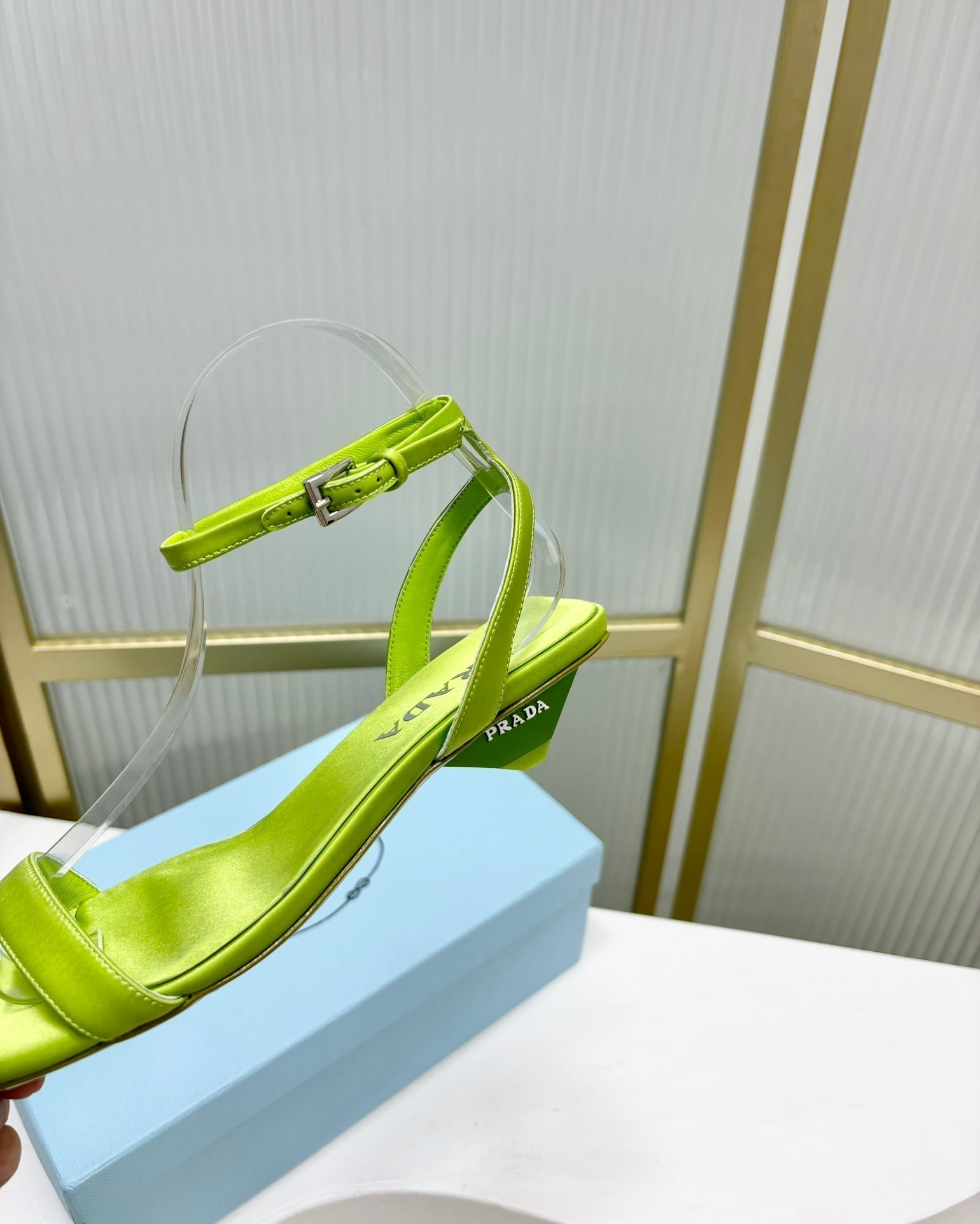 PRADA TRIANGLE HEEL SATIN SANLS CHARTREUSE