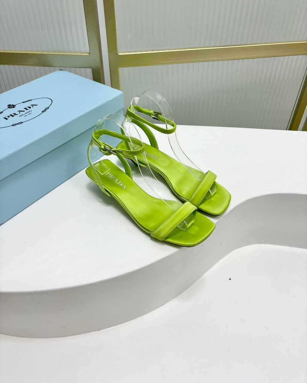 PRADA TRIANGLE HEEL SATIN SANLS CHARTREUSE