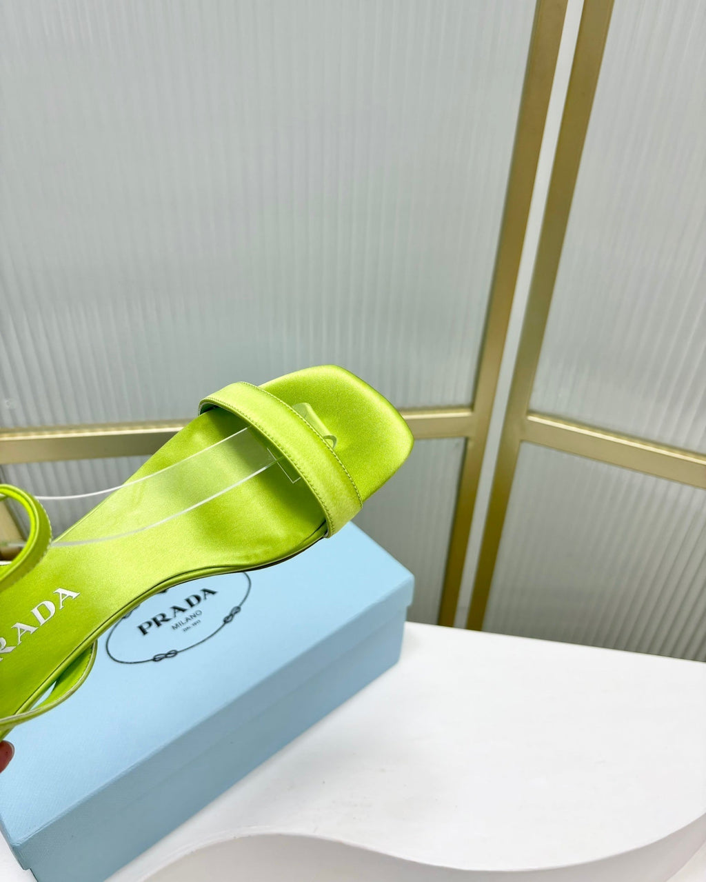PRADA TRIANGLE HEEL SATIN SANLS CHARTREUSE