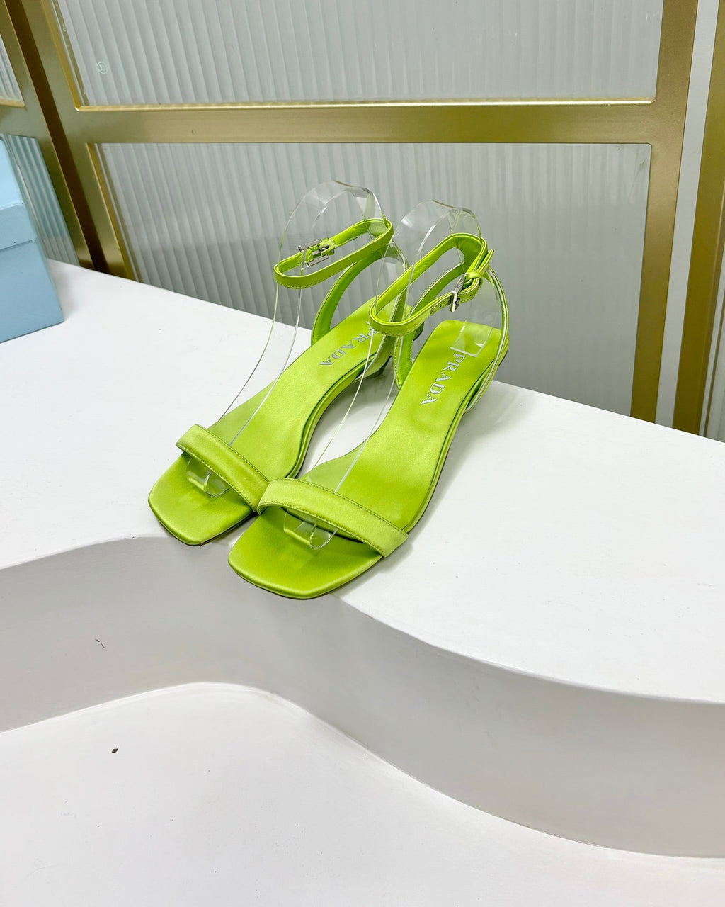 PRADA TRIANGLE HEEL SATIN SANLS CHARTREUSE