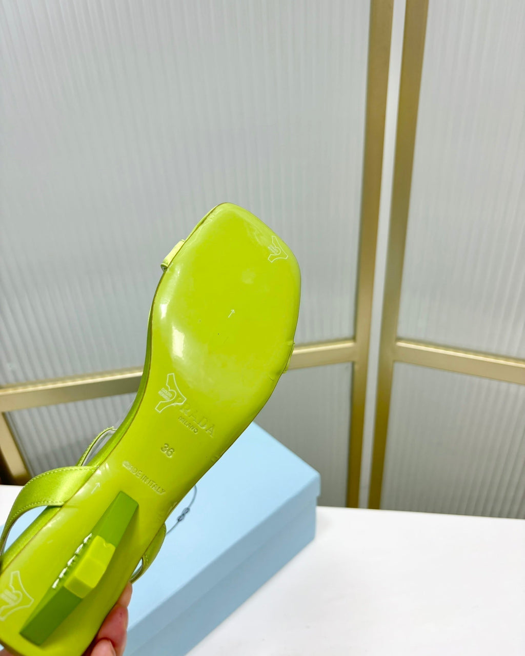 PRADA TRIANGLE HEEL SATIN SANLS CHARTREUSE