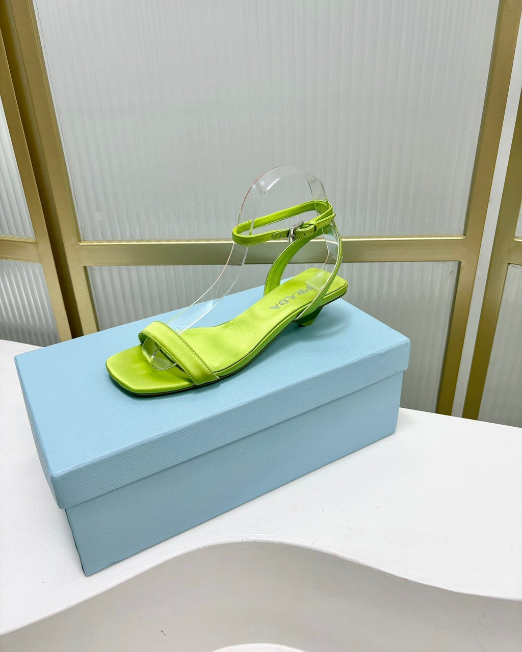 PRADA TRIANGLE HEEL SATIN SANLS CHARTREUSE