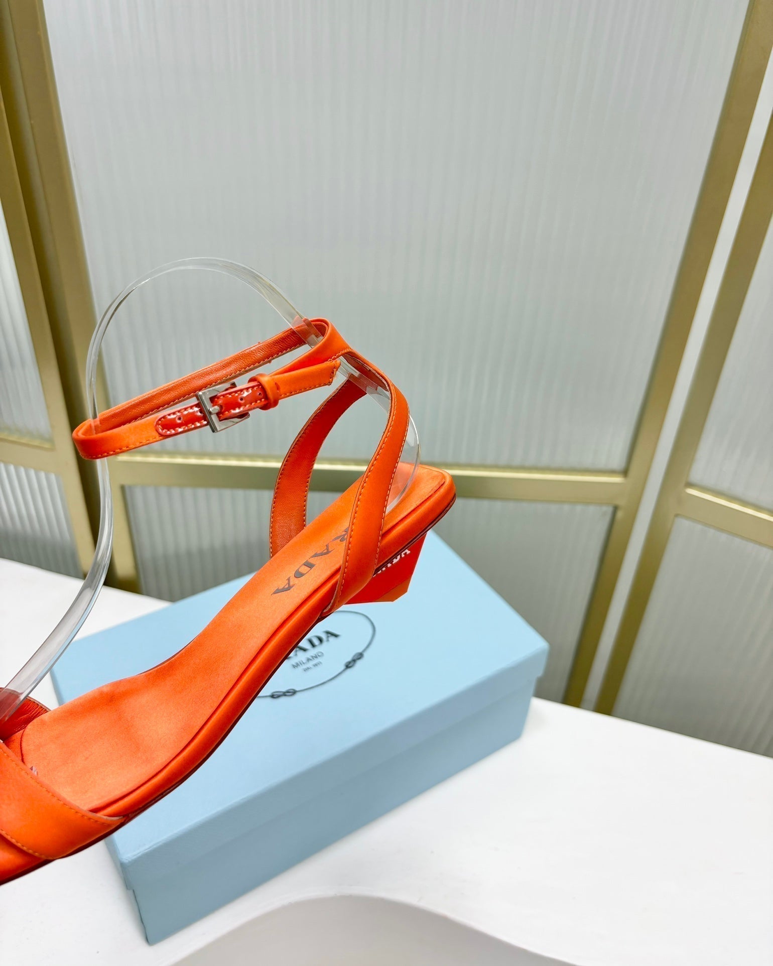 PRADA TRIANGLE HEEL SATIN SANLS BRIGHT ORANGE