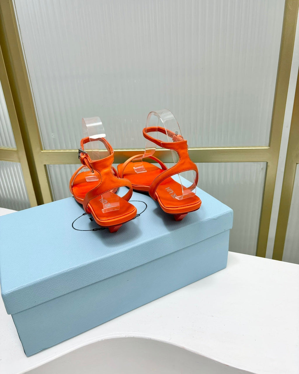 PRADA TRIANGLE HEEL SATIN SANLS BRIGHT ORANGE