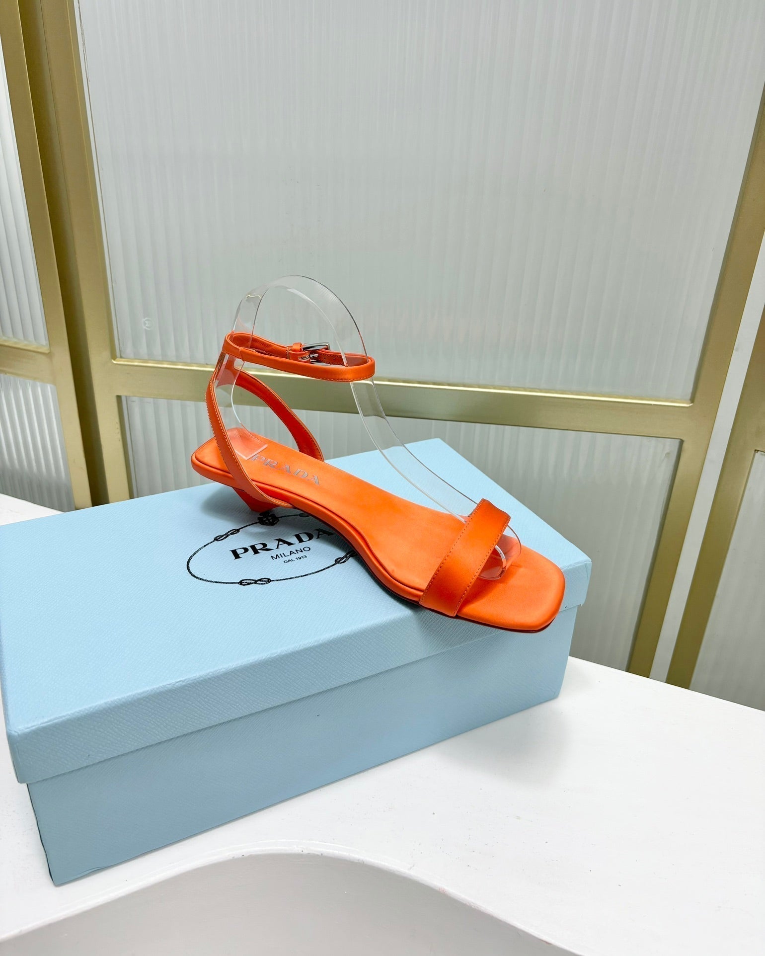 PRADA TRIANGLE HEEL SATIN SANLS BRIGHT ORANGE