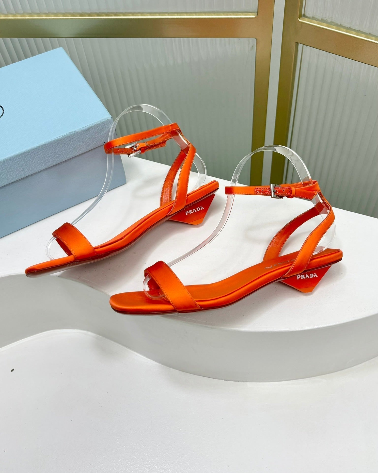 PRADA TRIANGLE HEEL SATIN SANLS BRIGHT ORANGE