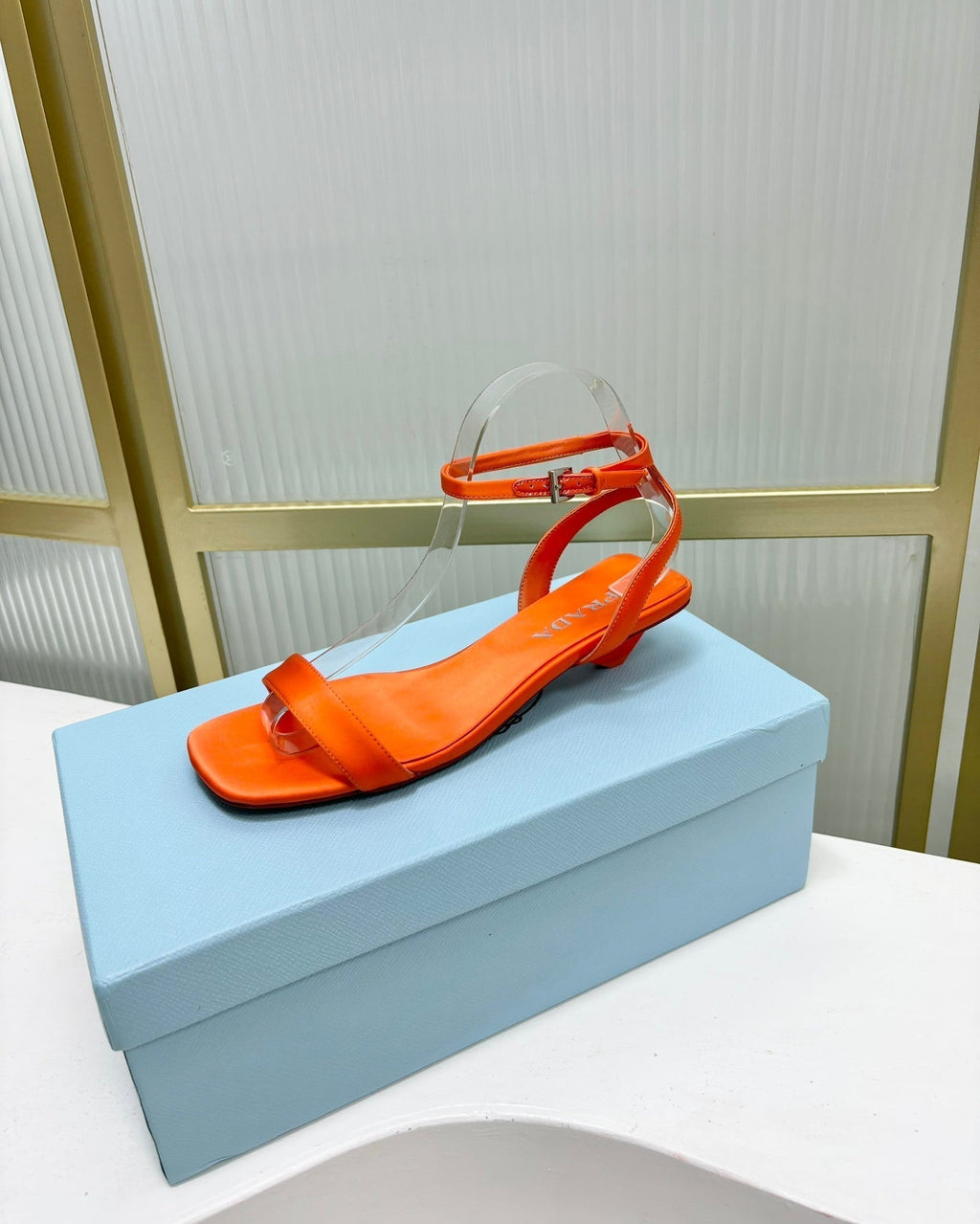 PRADA TRIANGLE HEEL SATIN SANLS BRIGHT ORANGE