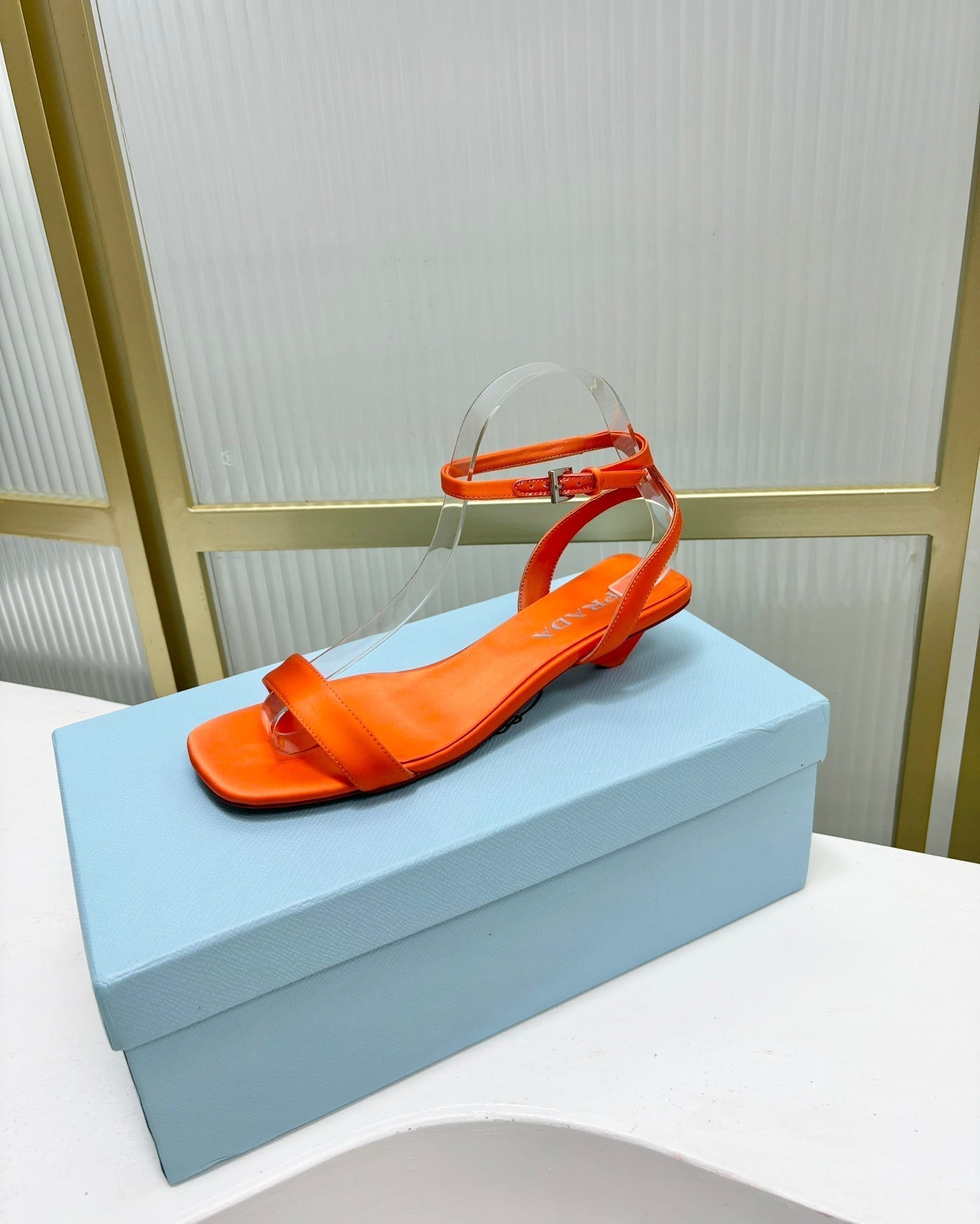 PRADA TRIANGLE HEEL SATIN SANLS BRIGHT ORANGE