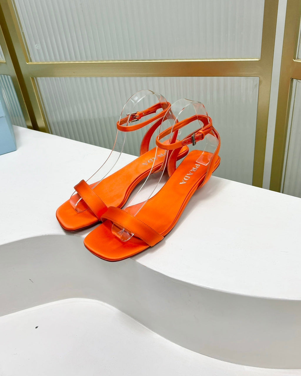 PRADA TRIANGLE HEEL SATIN SANLS BRIGHT ORANGE