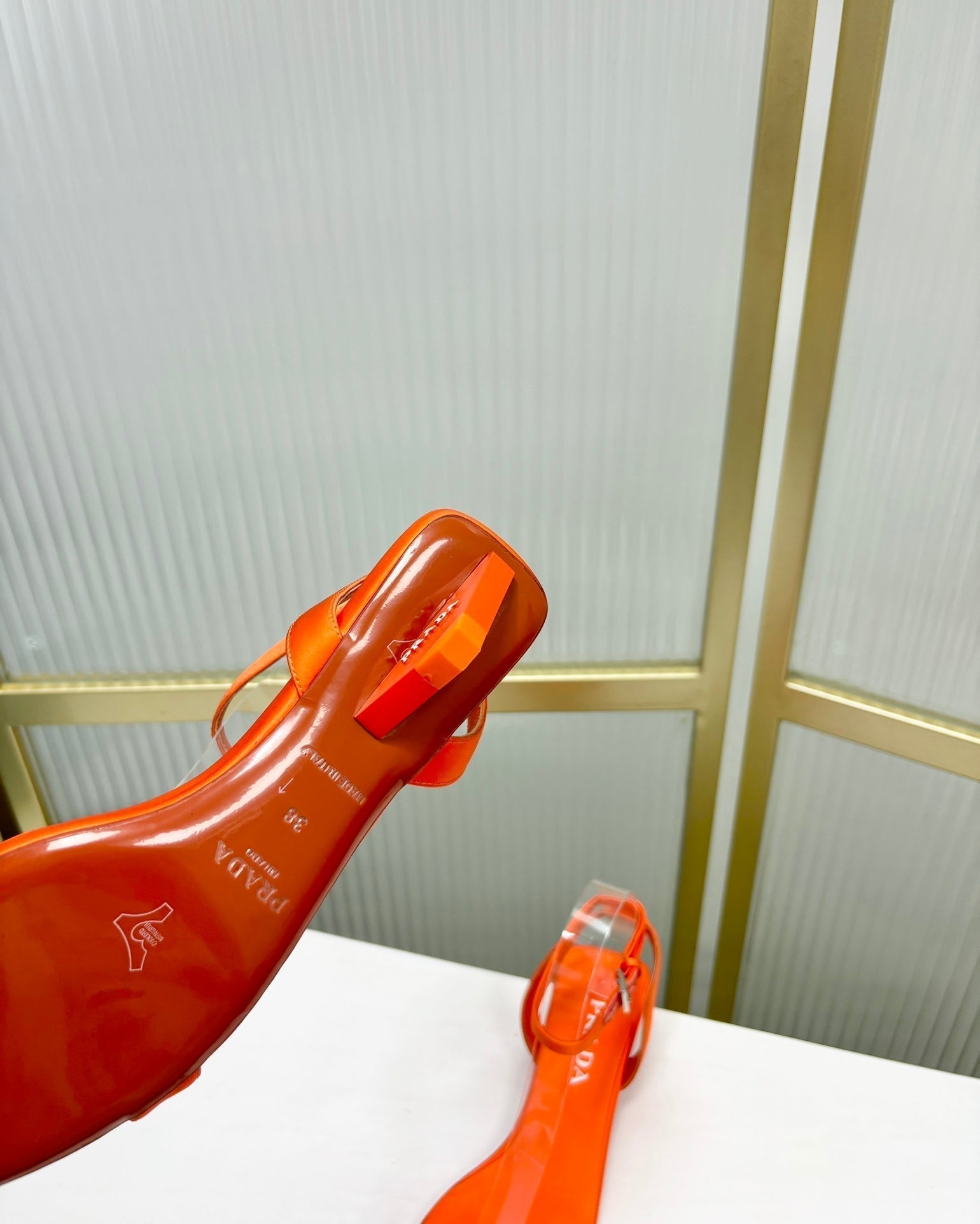 PRADA TRIANGLE HEEL SATIN SANLS BRIGHT ORANGE