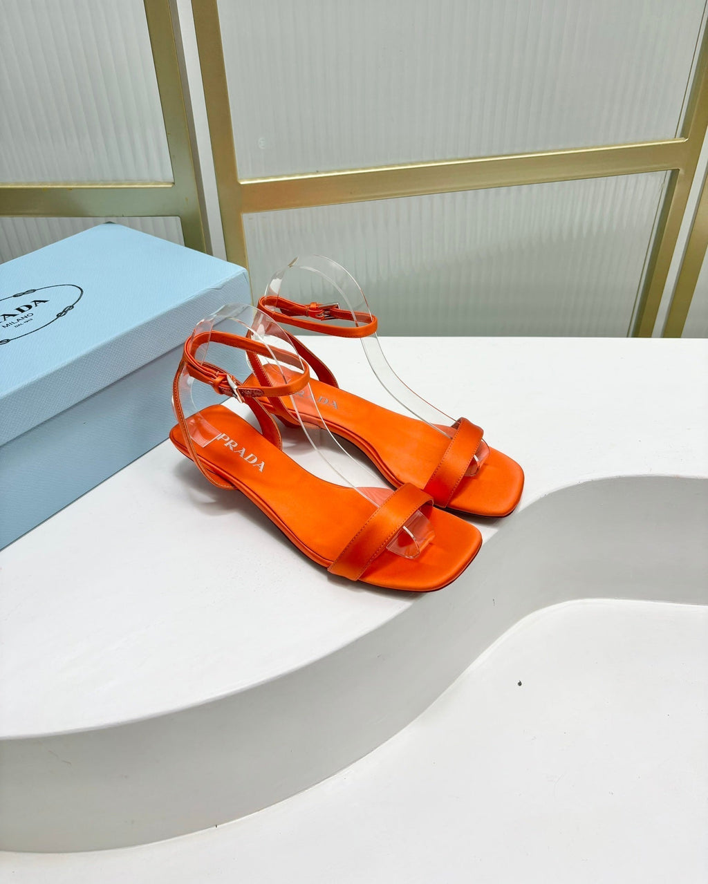 PRADA TRIANGLE HEEL SATIN SANLS BRIGHT ORANGE