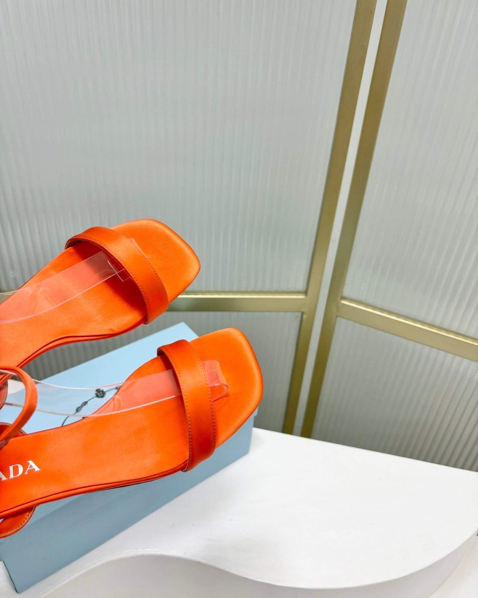PRADA TRIANGLE HEEL SATIN SANLS BRIGHT ORANGE