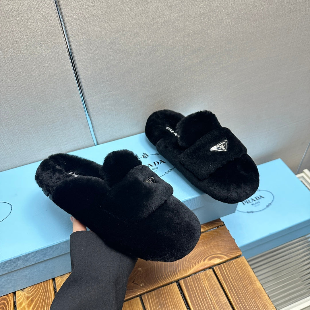 PRADA FLAT MULES IN BLACK RABBIT FUR