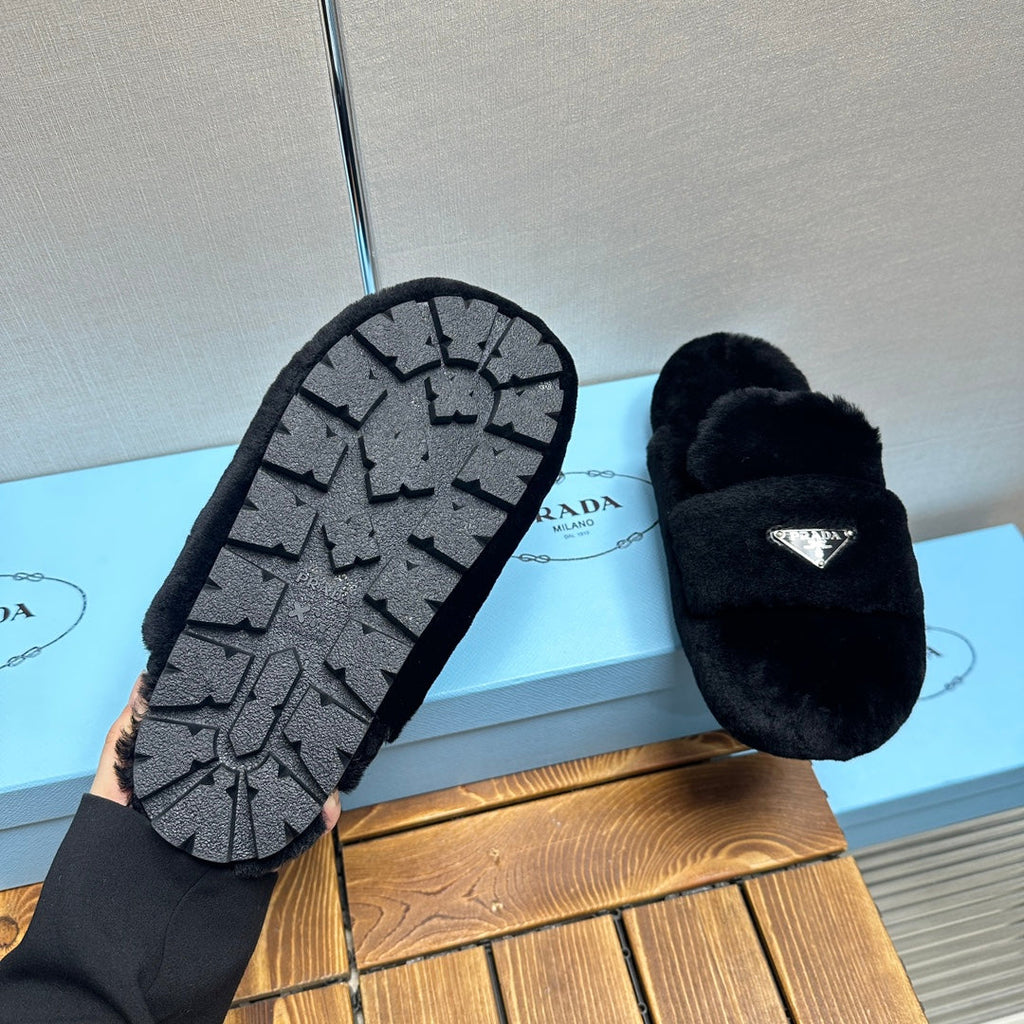 PRADA FLAT MULES IN BLACK RABBIT FUR