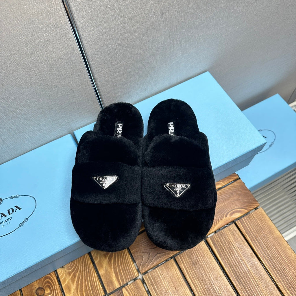 PRADA FLAT MULES IN BLACK RABBIT FUR