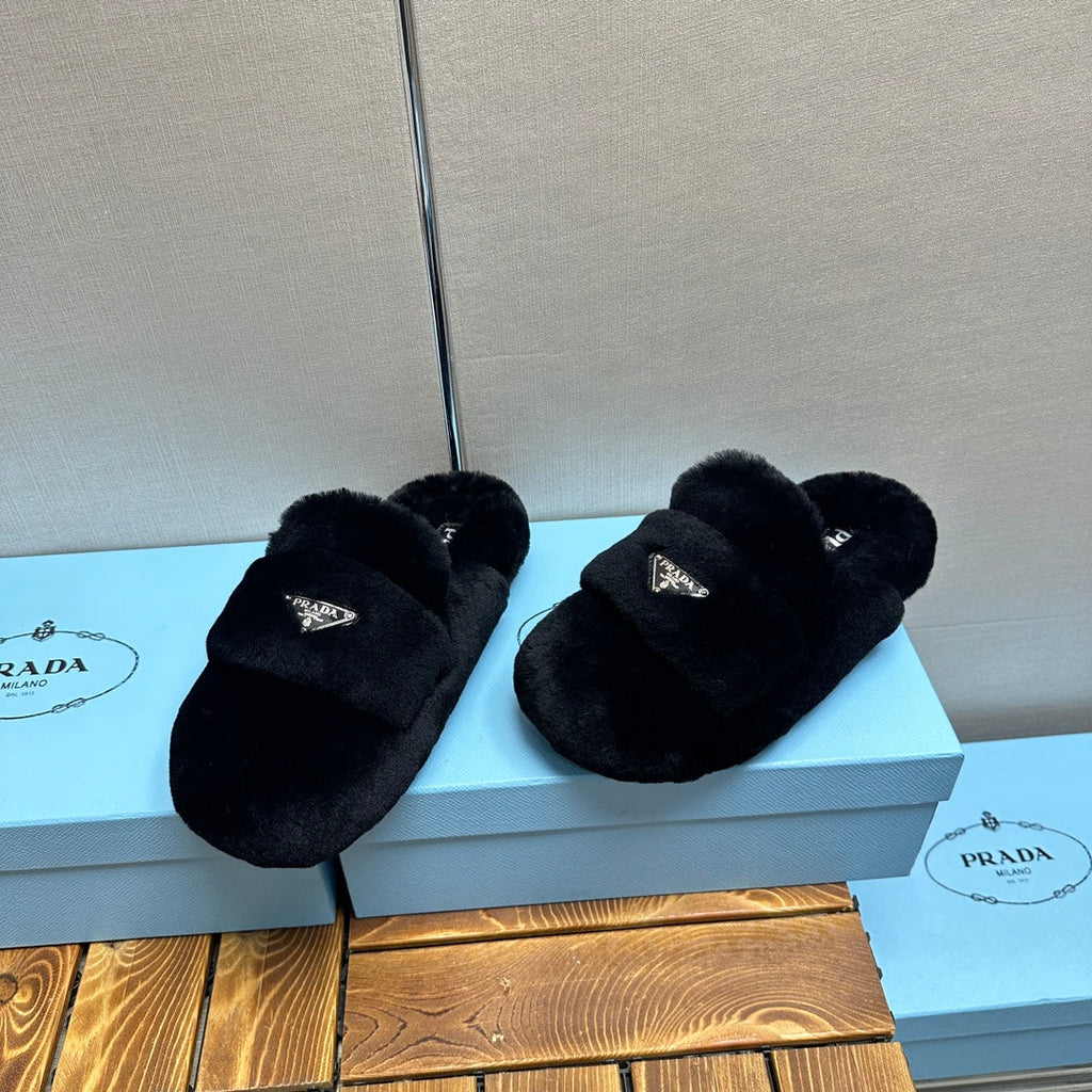 PRADA FLAT MULES IN BLACK RABBIT FUR