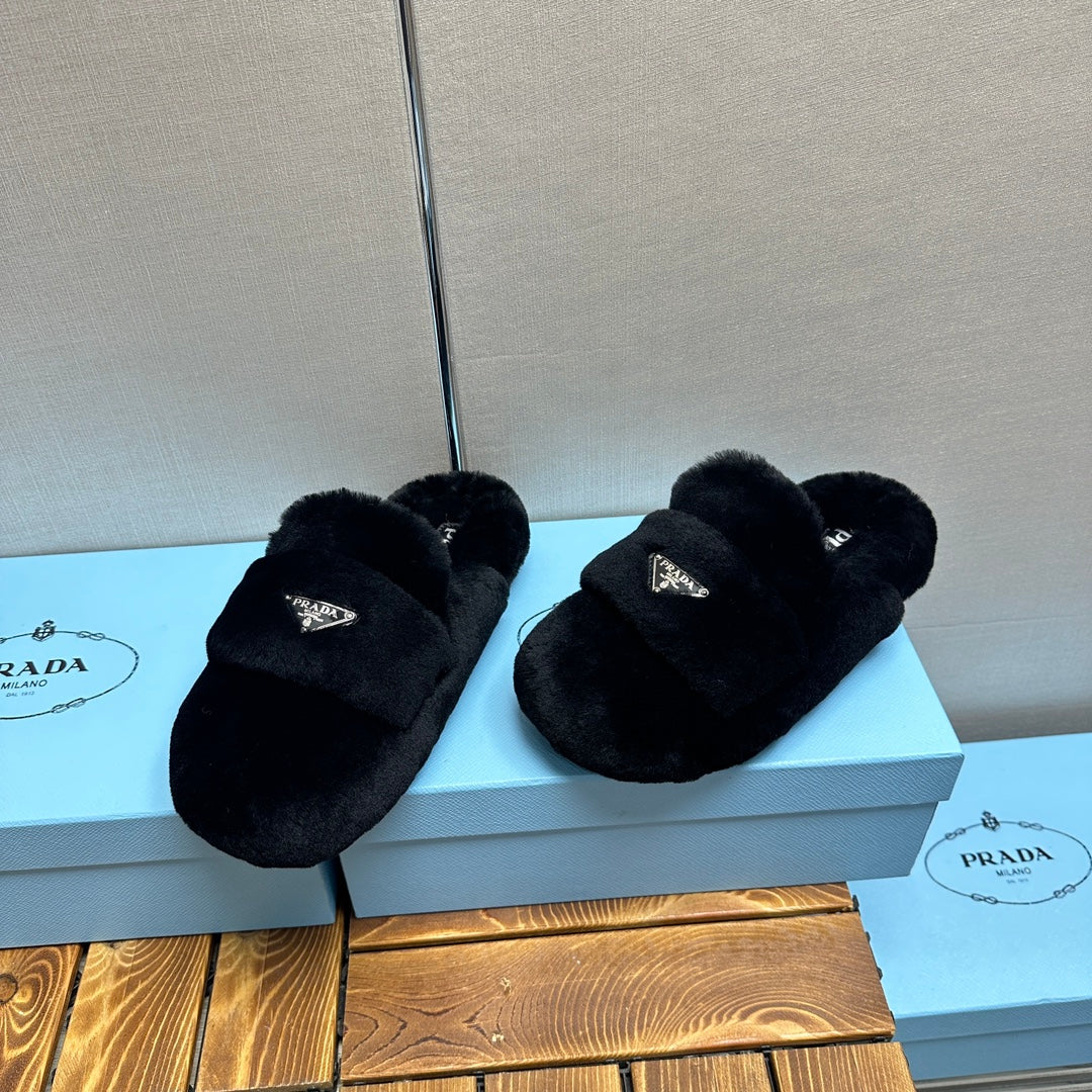 PRADA FLAT MULES IN BLACK RABBIT FUR