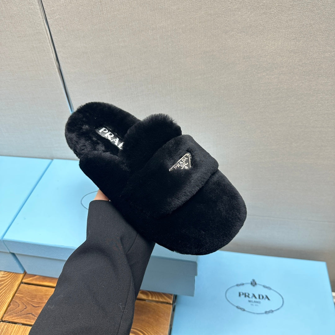 PRADA FLAT MULES IN BLACK RABBIT FUR
