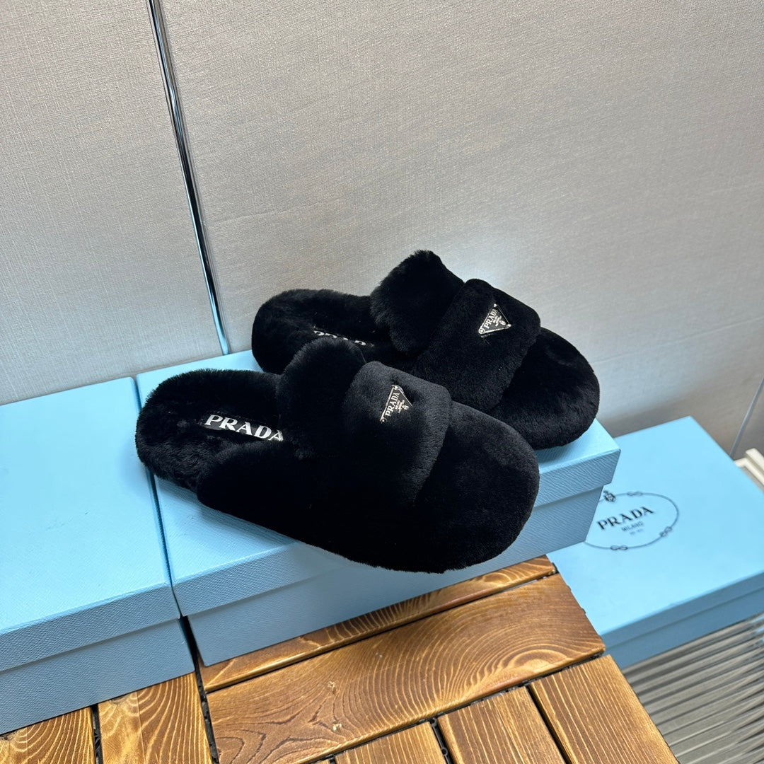PRADA FLAT MULES IN BLACK RABBIT FUR