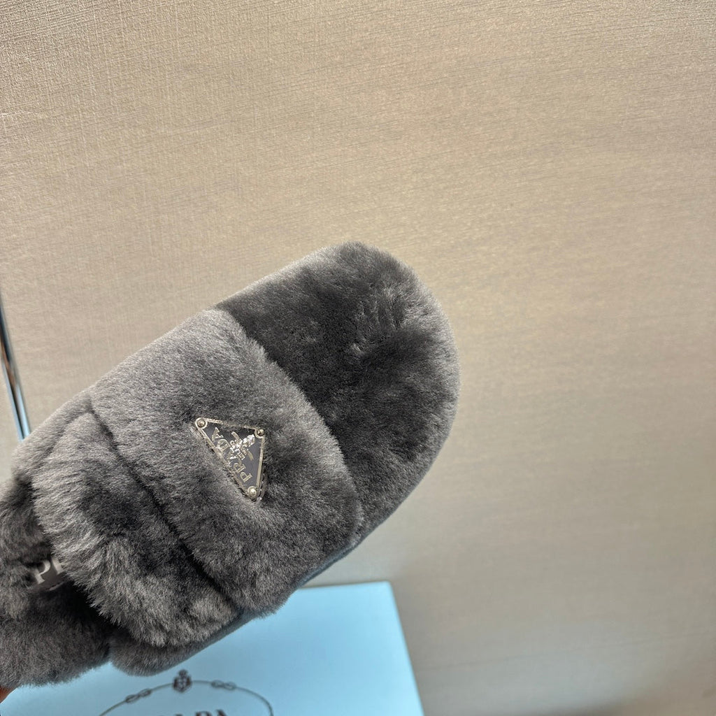 PRADA FLAT MULES IN GRAY RABBIT FUR