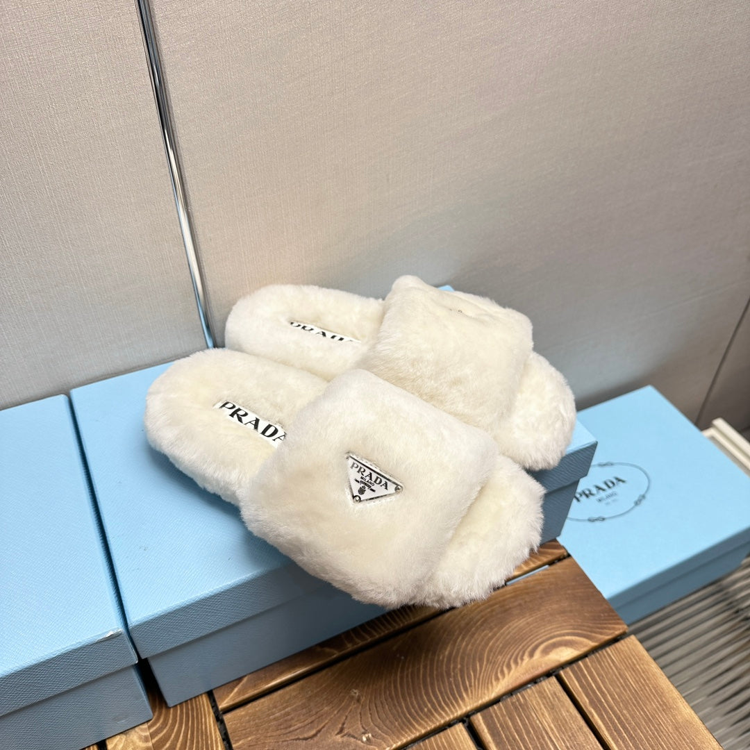 PRADA THICK-SOLED FUR SLIDES WHITE WITH TRIANGLE LOGO