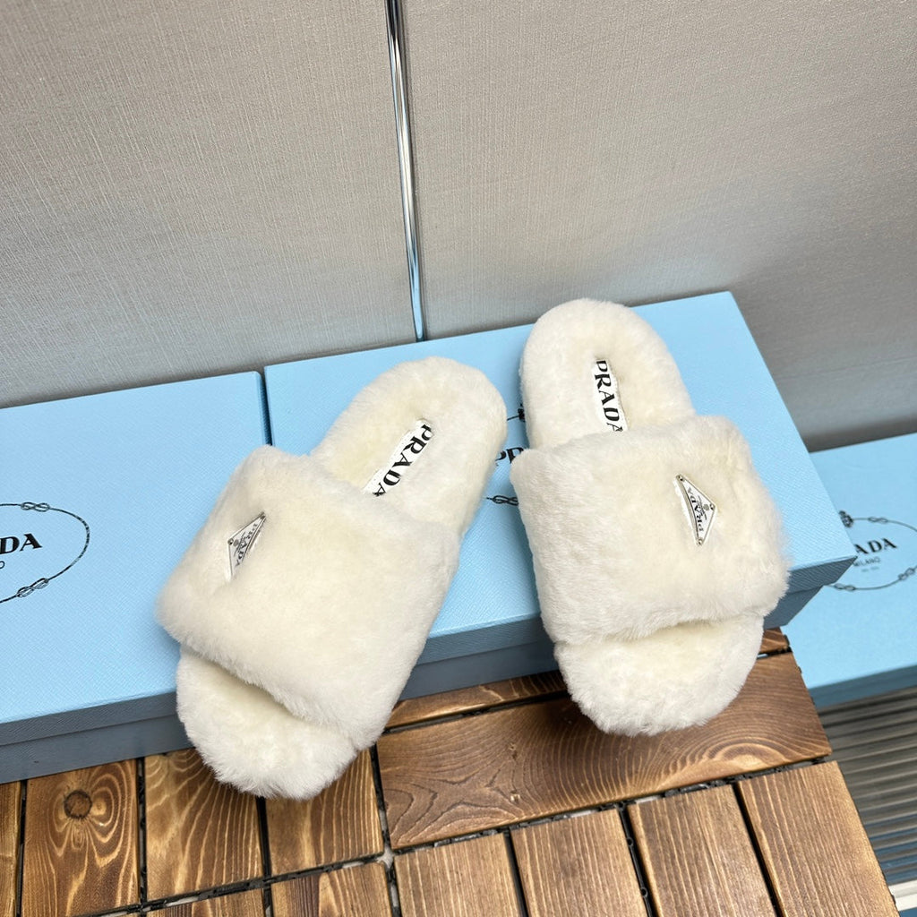 PRADA THICK-SOLED FUR SLIDES WHITE WITH TRIANGLE LOGO