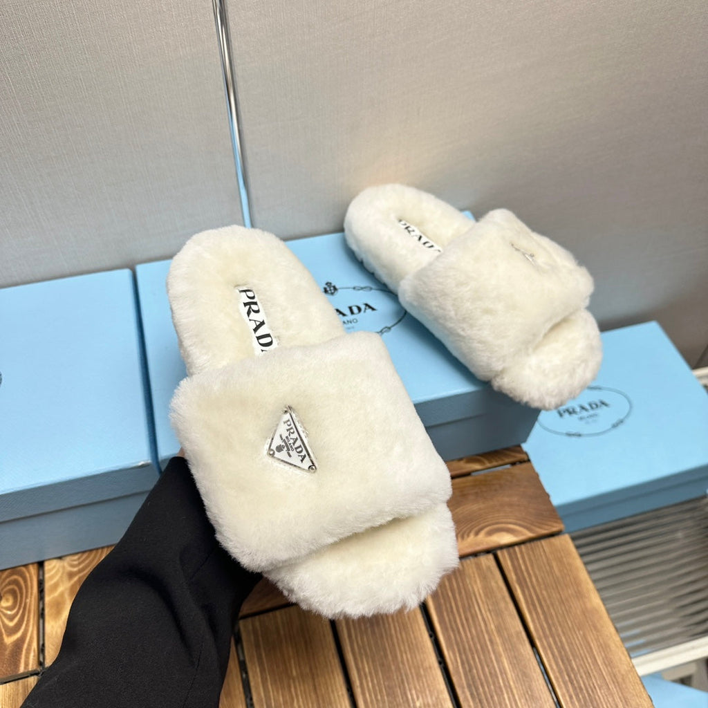 PRADA THICK-SOLED FUR SLIDES WHITE WITH TRIANGLE LOGO