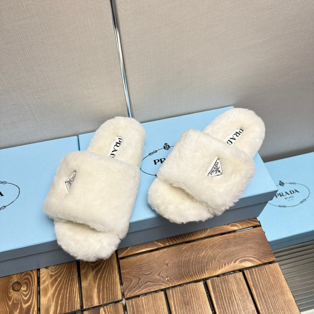 PRADA THICK-SOLED FUR SLIDES WHITE WITH TRIANGLE LOGO