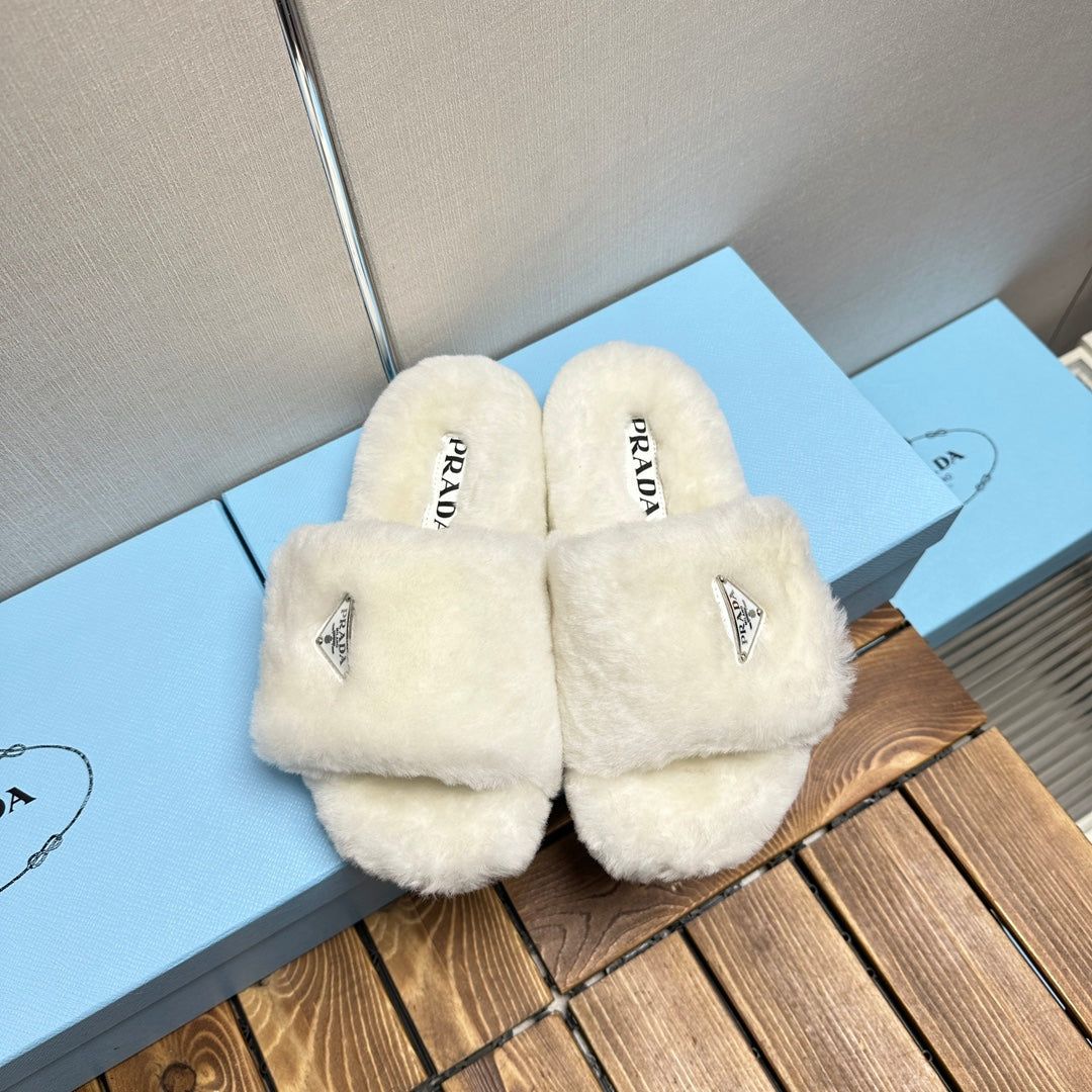 PRADA THICK-SOLED FUR SLIDES WHITE WITH TRIANGLE LOGO