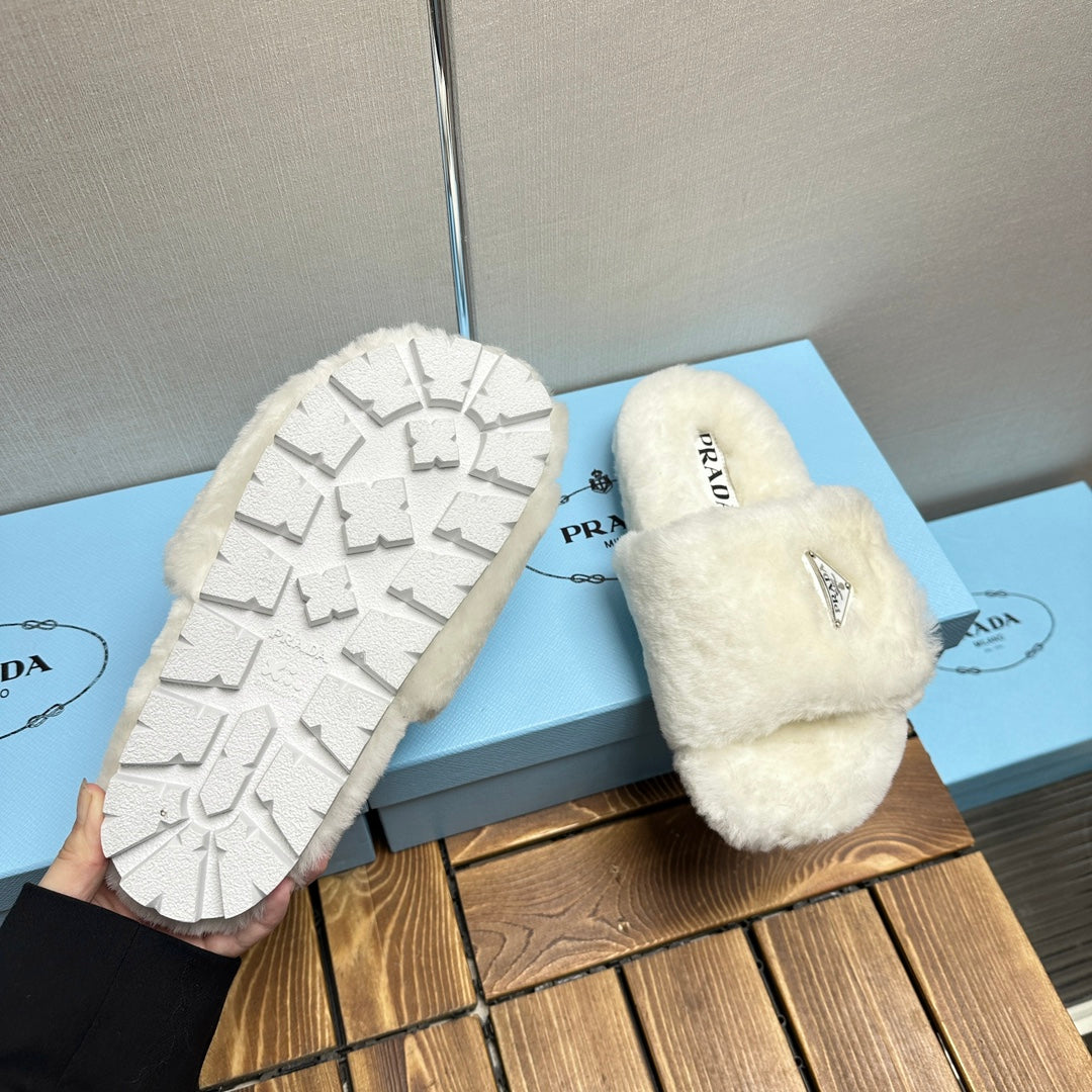PRADA THICK-SOLED FUR SLIDES WHITE WITH TRIANGLE LOGO