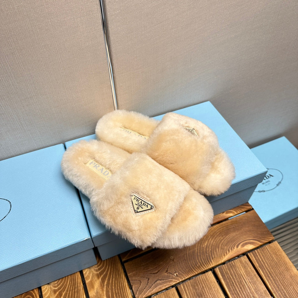 PRADA THICK-SOLED FUR SLIDES TUSCAN BEIGE WITH TRIANGLE LOGO