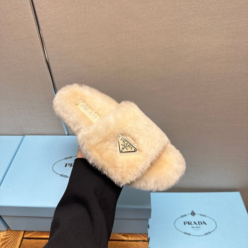 PRADA THICK-SOLED FUR SLIDES TUSCAN BEIGE WITH TRIANGLE LOGO