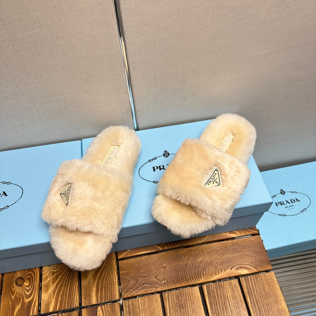 PRADA THICK-SOLED FUR SLIDES TUSCAN BEIGE WITH TRIANGLE LOGO