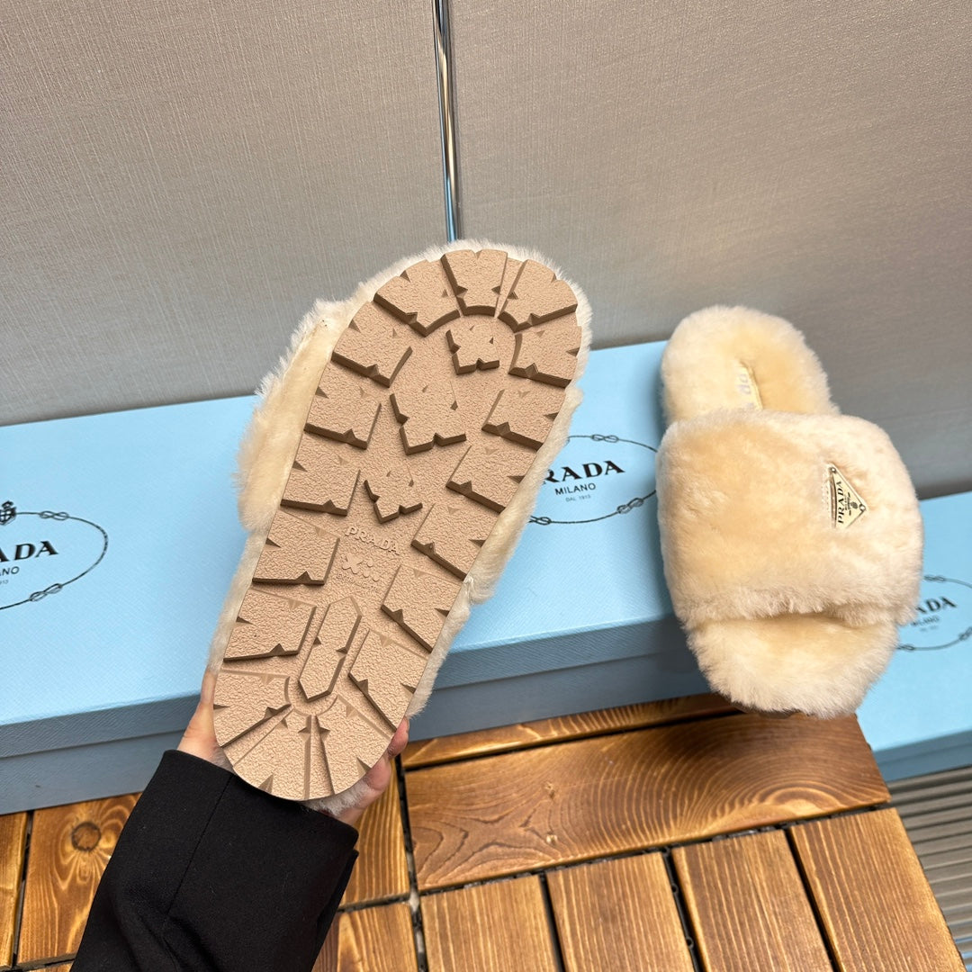 PRADA THICK-SOLED FUR SLIDES TUSCAN BEIGE WITH TRIANGLE LOGO
