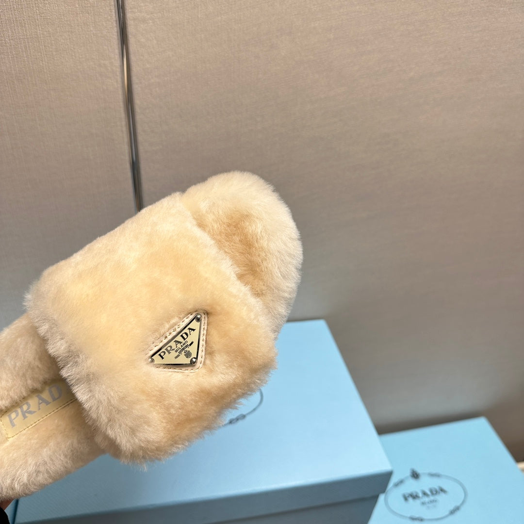 PRADA THICK-SOLED FUR SLIDES TUSCAN BEIGE WITH TRIANGLE LOGO