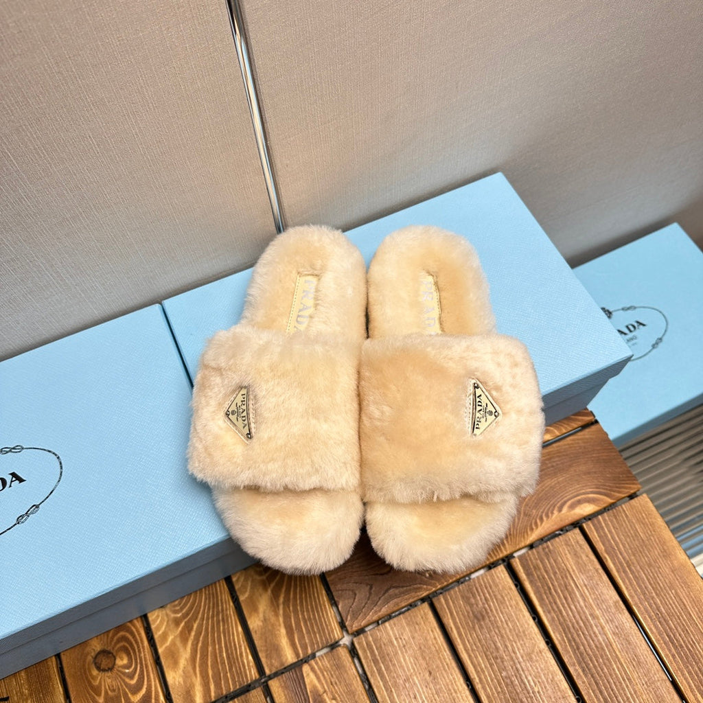 PRADA THICK-SOLED FUR SLIDES TUSCAN BEIGE WITH TRIANGLE LOGO