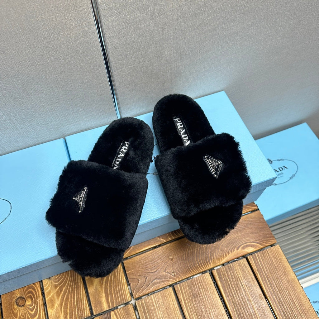 PRADA THICK-SOLED FUR SLIDES BLACK WITH TRIANGLE LOGO