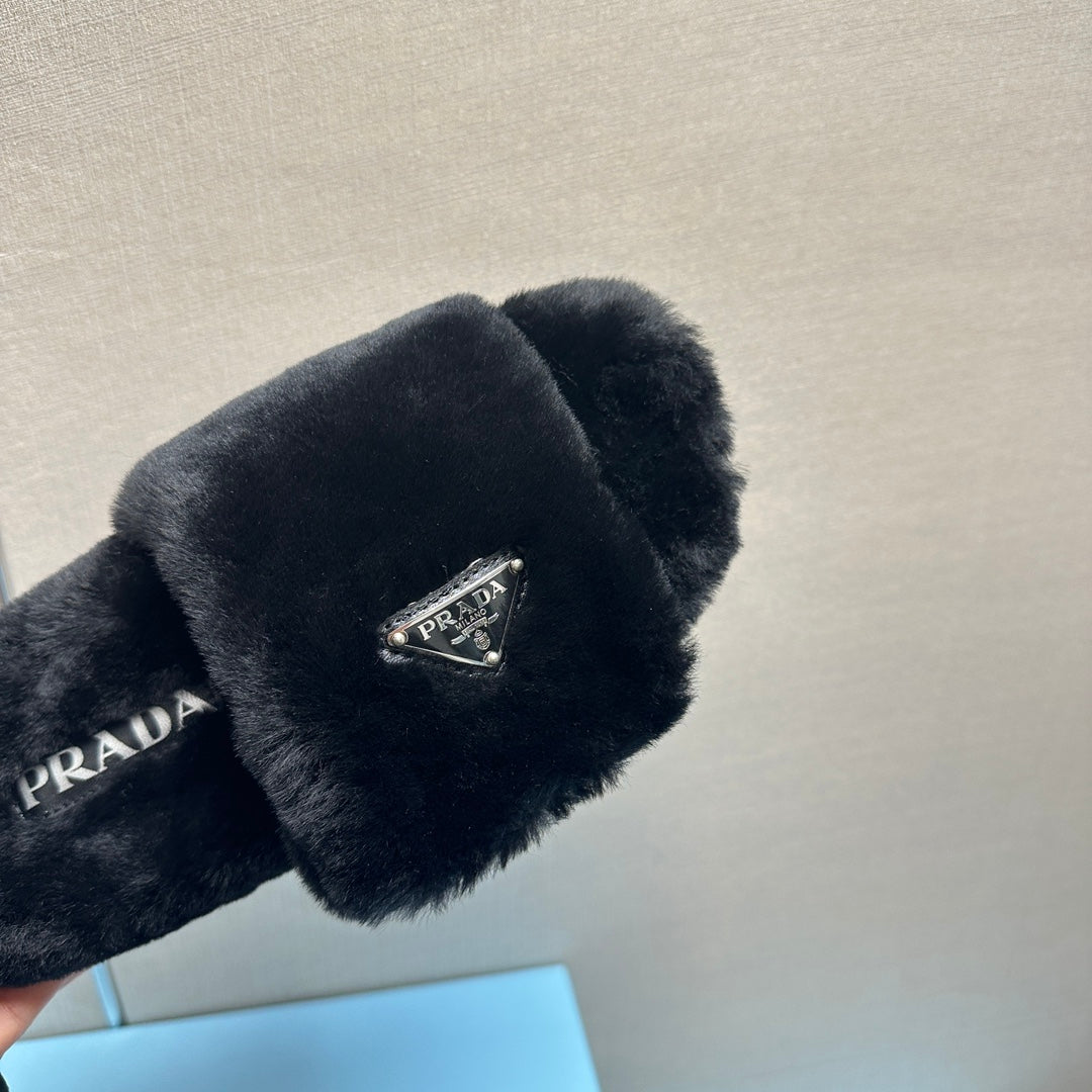 PRADA THICK-SOLED FUR SLIDES BLACK WITH TRIANGLE LOGO