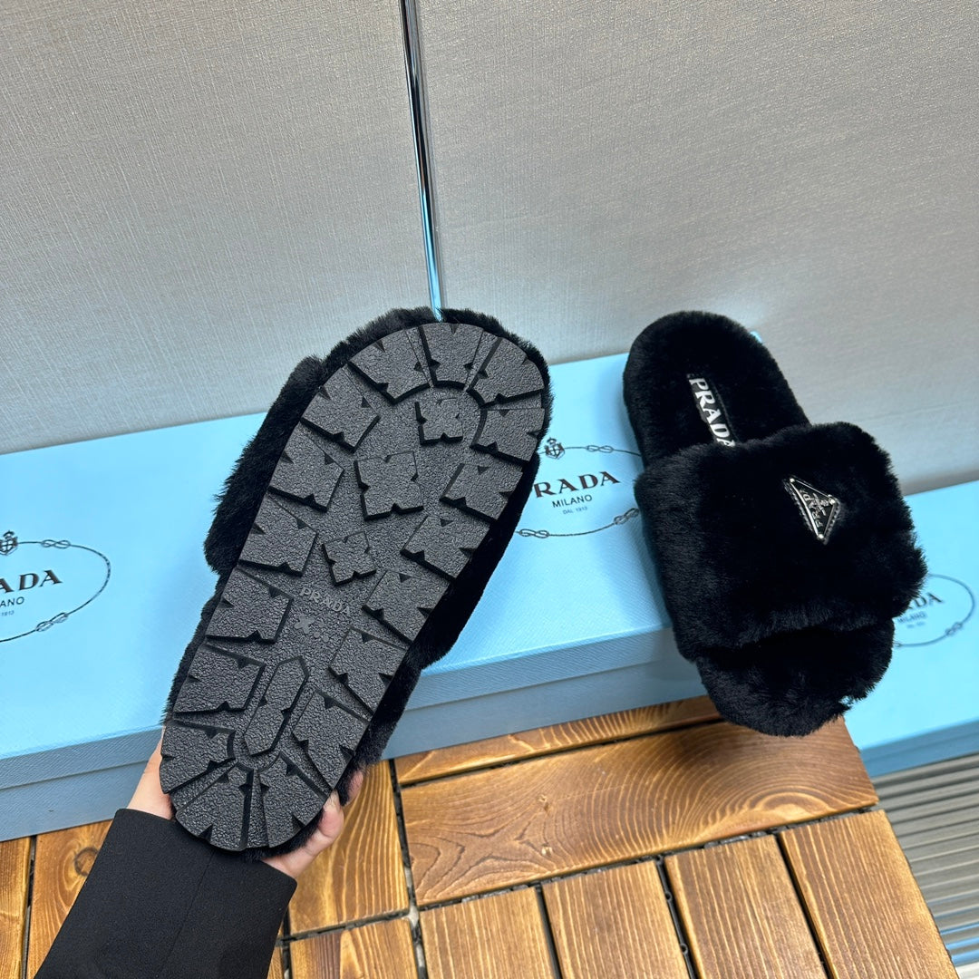 PRADA THICK-SOLED FUR SLIDES BLACK WITH TRIANGLE LOGO