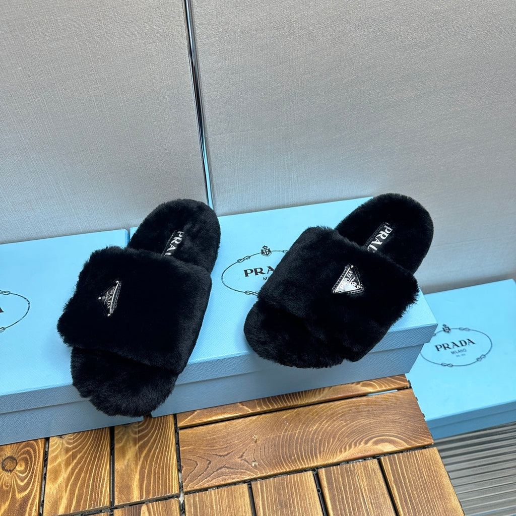 PRADA THICK-SOLED FUR SLIDES BLACK WITH TRIANGLE LOGO
