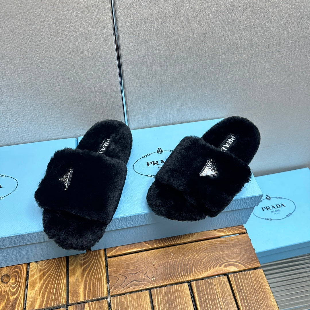 PRADA THICK-SOLED FUR SLIDES BLACK WITH TRIANGLE LOGO