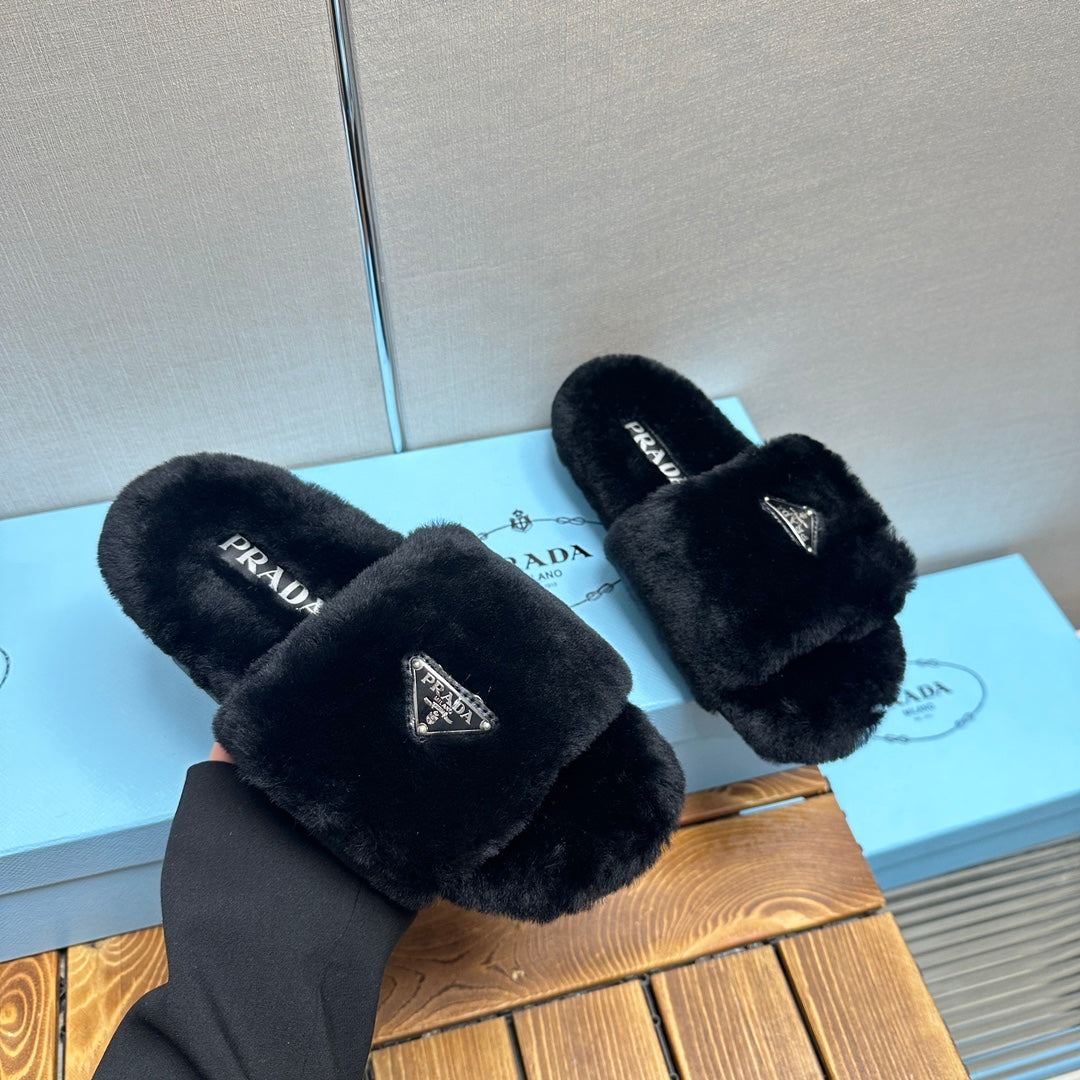 PRADA THICK-SOLED FUR SLIDES BLACK WITH TRIANGLE LOGO