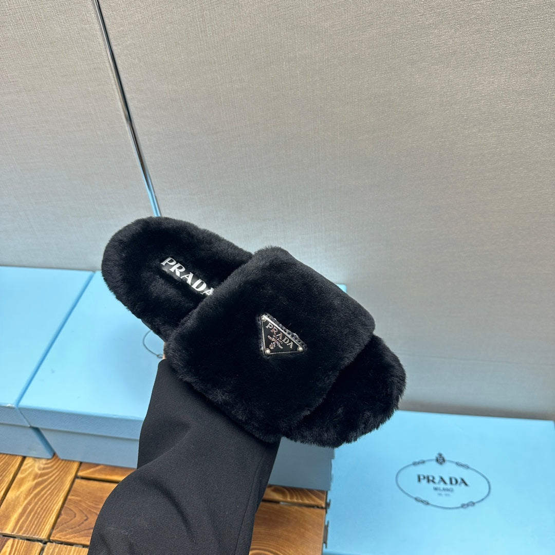PRADA THICK-SOLED FUR SLIDES BLACK WITH TRIANGLE LOGO