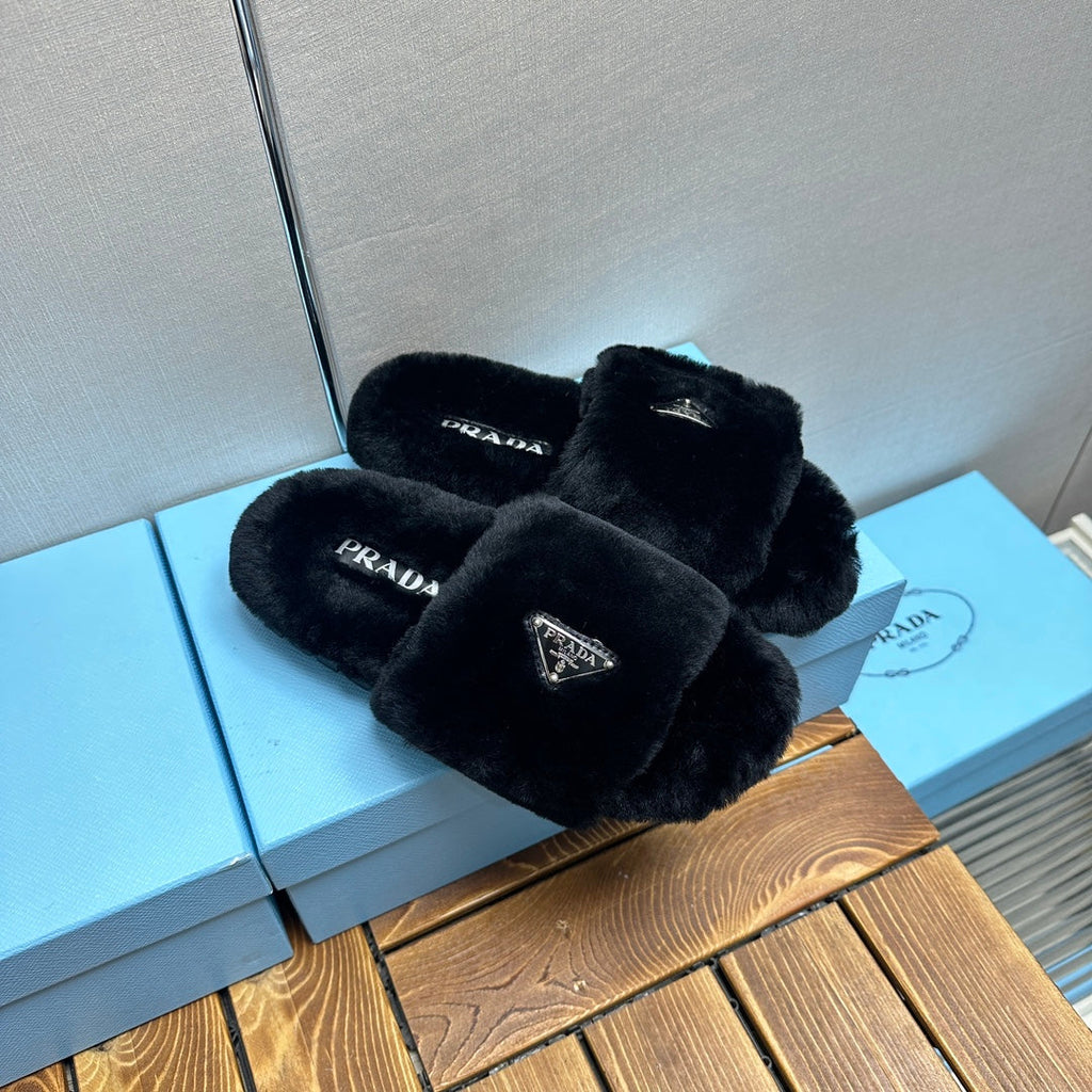 PRADA THICK-SOLED FUR SLIDES BLACK WITH TRIANGLE LOGO