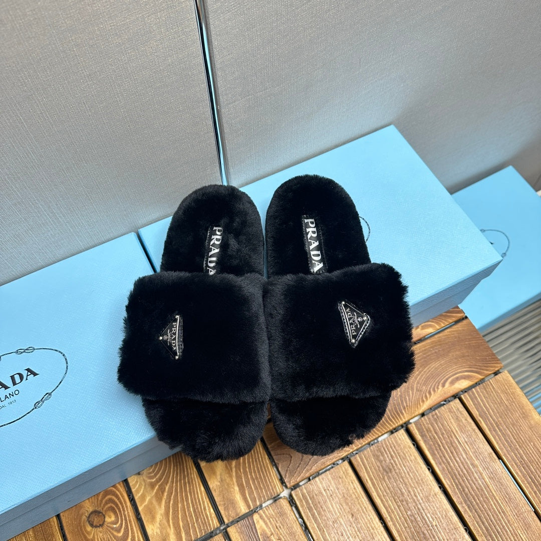 PRADA THICK-SOLED FUR SLIDES BLACK WITH TRIANGLE LOGO