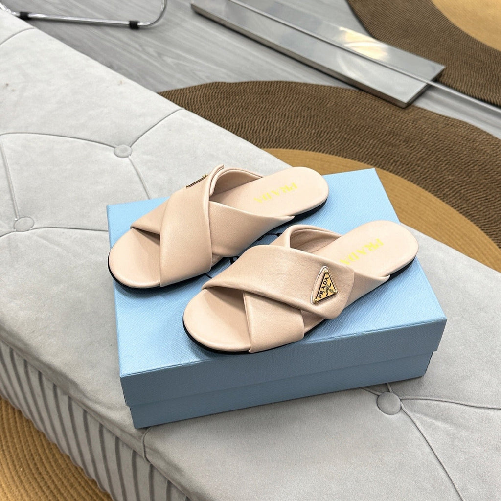 PRADA 25S SLIDE SANLS IN BEIGE CALFSKIN LOGO