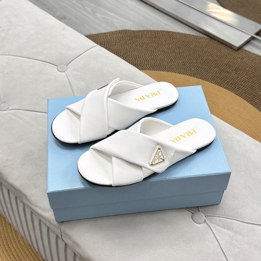 PRADA 25S SLIDE SANLS IN WHITE CALFSKIN LOGO
