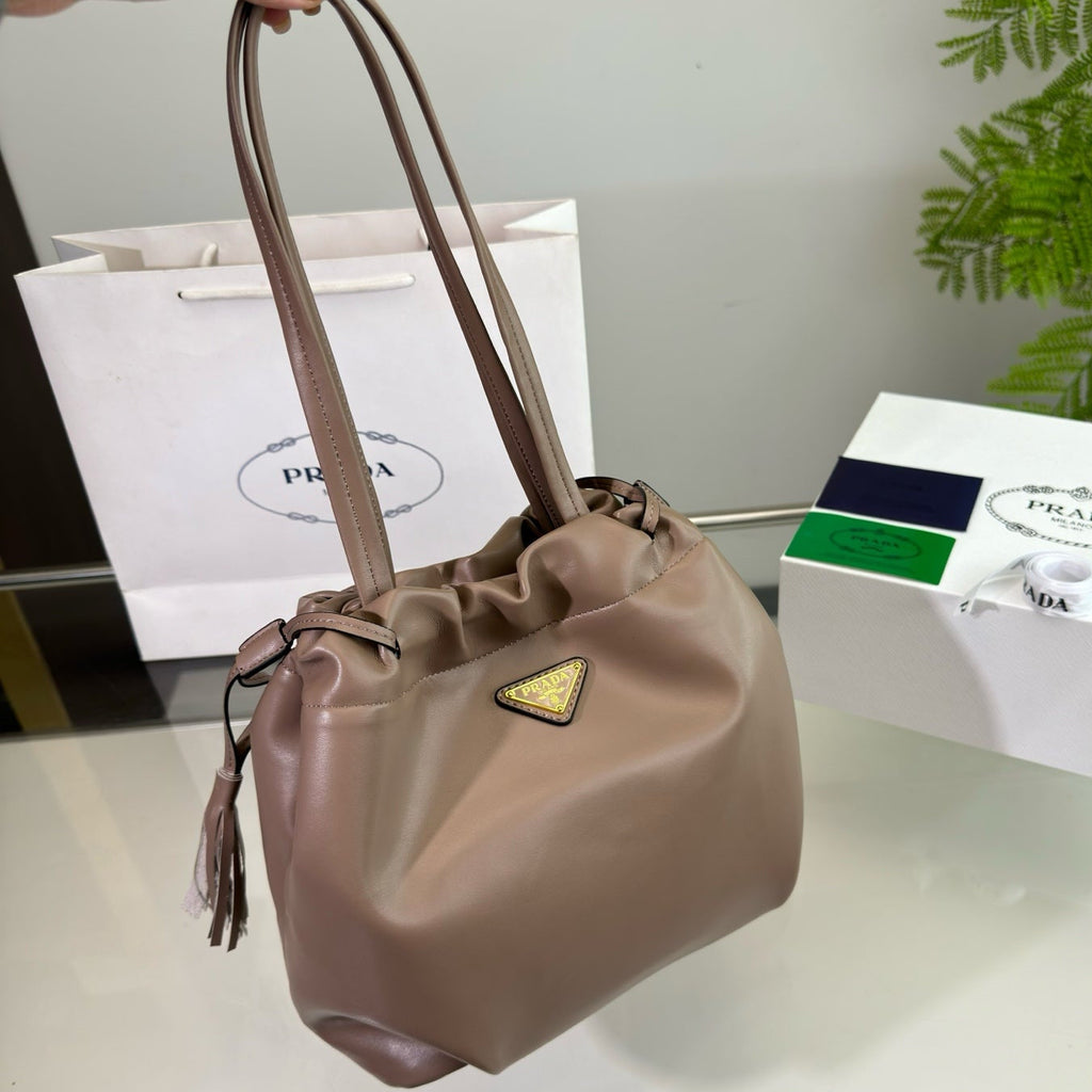 PRADA DRAWSTRING BUCKET BAG 25 IN BROWN BEAR SOFT LAMBSKIN