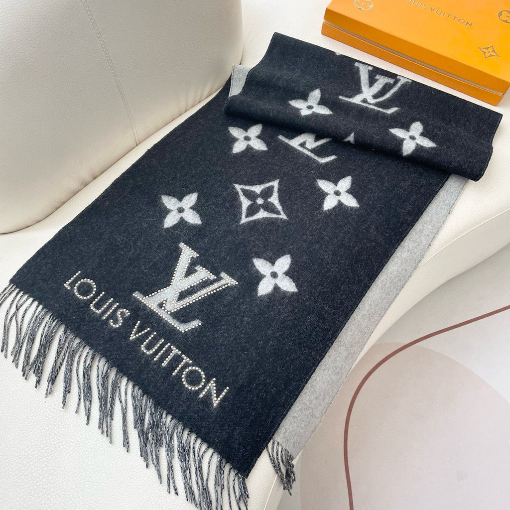 LOUIS VUITTON MONOGRAM FLOWERS SCARF 170 CM IN BLACK CASHMERE 390975